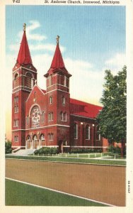 Vintage Postcard 1930's St. Ambrose Church Ironwood Michigan MI