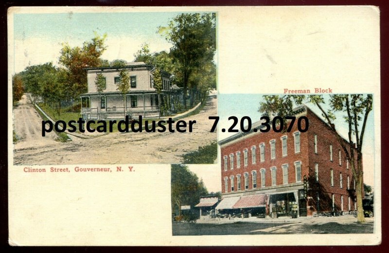 h4113 - GOUVERNEUR NY Postcard 1913 Clinton Street. Freeman Block Stores