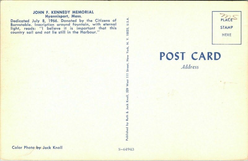John F Kennedy Memorial Hyannisport Massachusetts MA VTG Postcard UNP Unused 