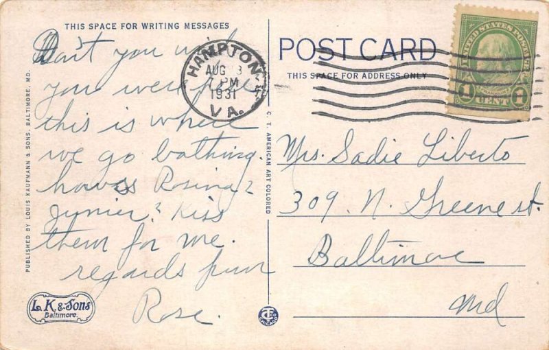 Buckroe Beach Virginia Hotel Lawn and Bath House Vintage Postcard AA90961