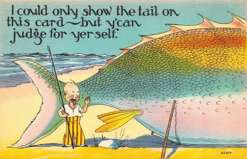 3 Comics THREE FISH EXAGERATIONS Man With Cigar~Fish In Mouth c1940's Postcards