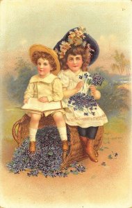 Raphael Tuck Boy & Girl with Flowers Artistic Birthday Post Card  Tuck #14