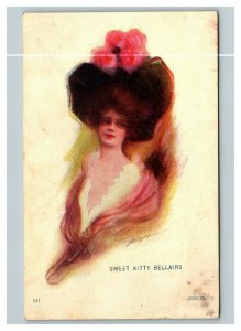 Vintage 1909 Postcard GS Porter Sweet Kitty Bellairs Woman Large Pink Rose Hat