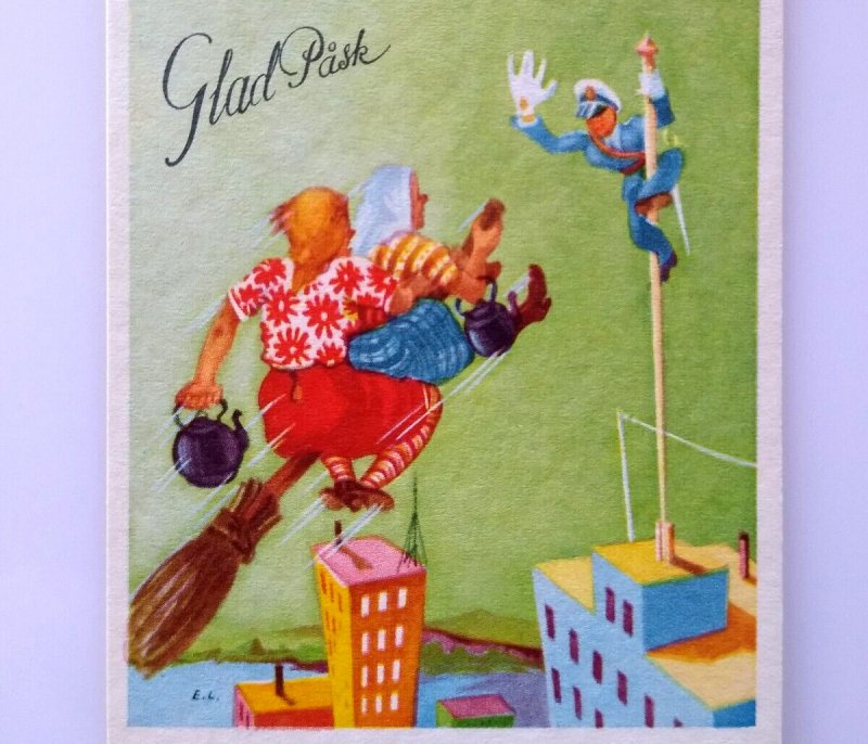 Easter Witch Postcard Fantasy Glad Pask Riding Broom Policeman Flag Pole Sweden