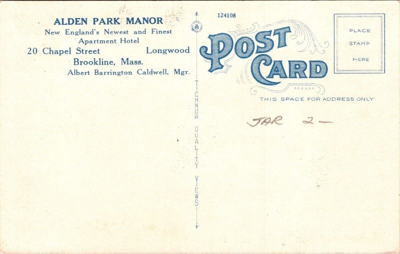 Historic Alden Park Manor Longwood Brookline Massachusetts WB Postcard 
