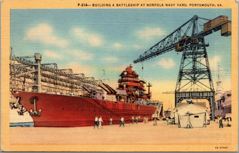 Vtg Building A Battleship Norfolk Navy Yard Portsmouth Virginia VA Postcard