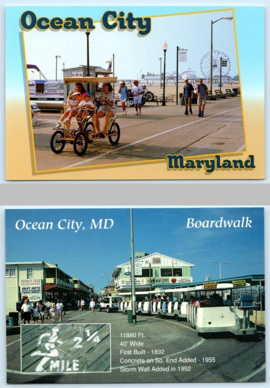 2 Postcards OCEAN CITY, Maryland MD ~ Bike Surrey BOARDWALK Tram 4x6