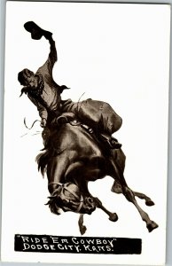 RPPC Cowboy on Horseback, Ride 'Em Cowboy Dodge City KS c1941 Vtg Postcard E59