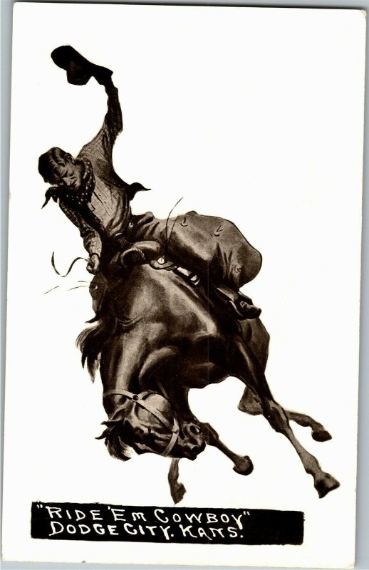 RPPC Cowboy on Horseback, Ride 'Em Cowboy Dodge City KS c1941 Vtg Postcard E59