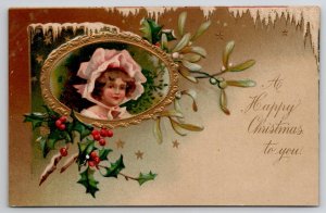 Happy Christmas Victorian Girl Portrait Gilded c1906 Frederick MD Postcard K45