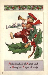 Christmas Dutch Boy Plays Horn Windmill Embossed Stecher c1900s-20s Postcard