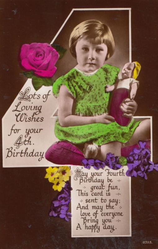 Happy 4th Birthday Girl Playing With Toy Doll Real Photo Old Greetings Postcard