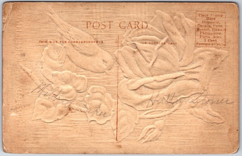 Birthday Greetings Embossed Rose Flower And Bird Postcard