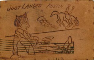 1905 Leather Postcard; Austin TX Man Bucked off of Horse, Just Landed, Posted
