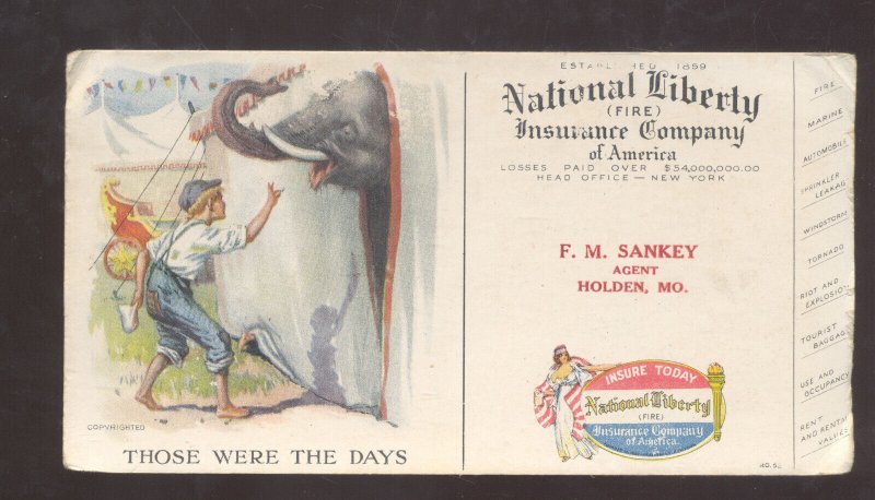 HOLDEN MISSOURI MO. NATIONAL LIBERTY INSURANCE COMPANY INK BLOTTER ELEPHANT