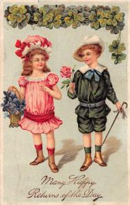 Greetings Boy & Girl with Flowers PFB Antique Postcard (J17674)