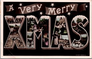 Hand Colored Large Letter Real Photo Postcard The Very Merry Xmas Town Views