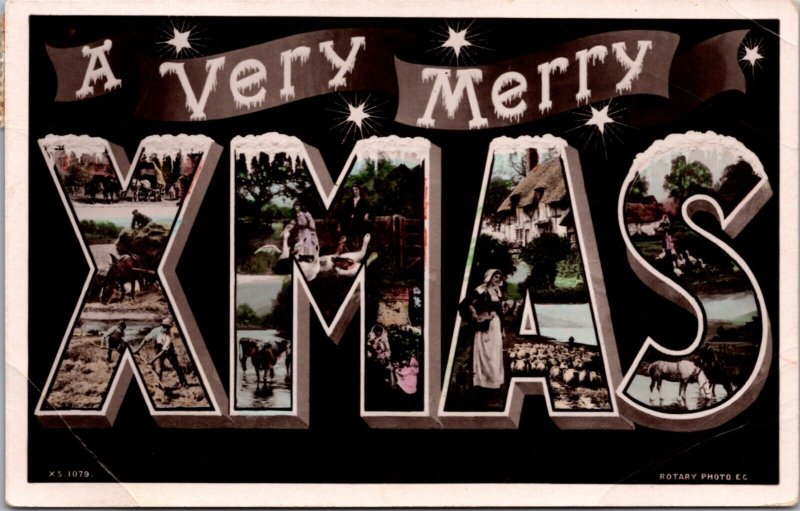 Hand Colored Large Letter Real Photo Postcard The Very Merry Xmas Town Views