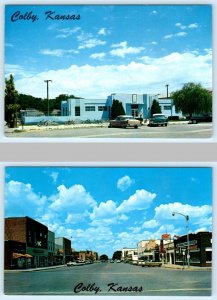2 Postcards COLBY, Kansas KS ~ MUNICIPAL SWIMMING POOL & Franklin Avenue 1950s 
