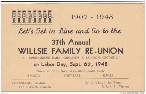 37th Annual Willsie Family Reunion , Laborday , ST. THOMAS , Ontraio , Canada...