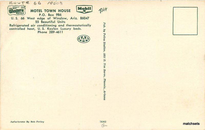 1960s Winslow Arizona Motel Town House Route 66 Petley postcard autos 6151