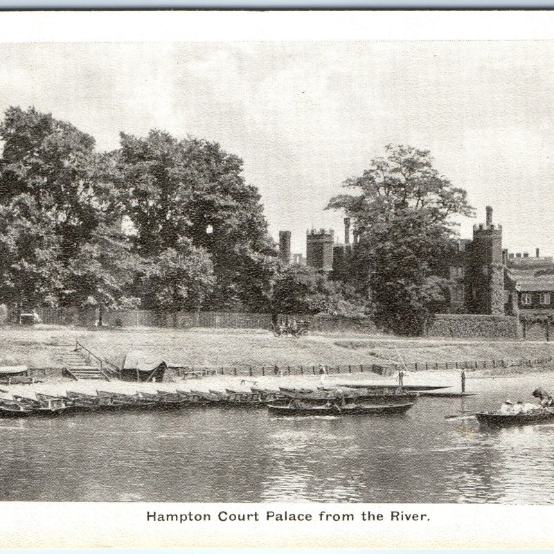 c1910s Hampton Court Palace, England River Thames Boats Shoreline Chimneys A359