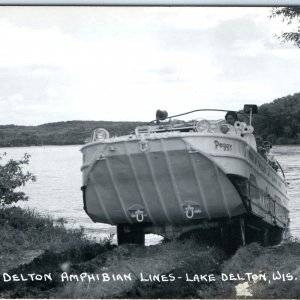 c1950s Lake Delton, Wis RPPC Peggy Duck Boat Exits Mirror Lake Tourism A70