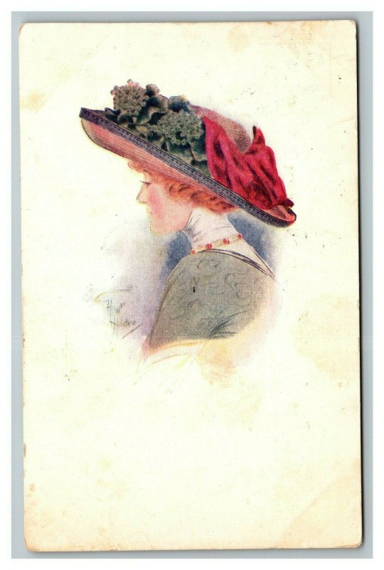 Vintage 1911 Fine Art Postcard Woman Large Hat Red Bow - Nice