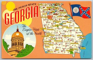 Vtg Georgia GA The Peach State Map Cities Highways Attractions 1950s Postcard