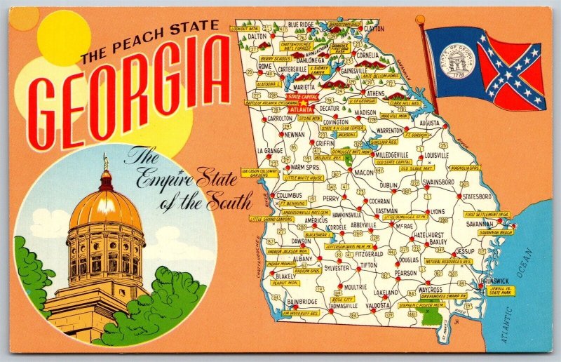 Vtg Georgia GA The Peach State Map Cities Highways Attractions 1950s Postcard