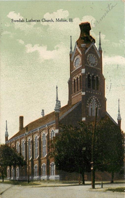 Moline Illinois~Swedish Lutheran Church~Clock Tower~1911 Postcard