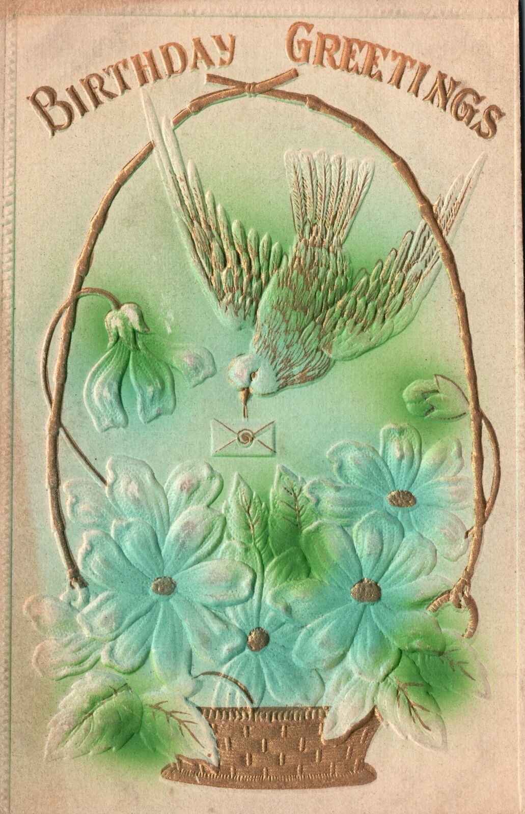 Vintage Postcard Birthday Greetings Wishes Flowers Basket Bird Sending