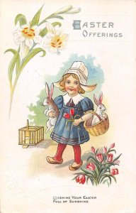 EASTER OFFERINGS Greetings Girl & Rabbits 1917 Spokane, WA Antique Postcard