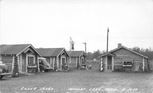 J34/ Mullett Lake Michigan RPPC Postcard c1940s Silver Lodge Log Cabins 151