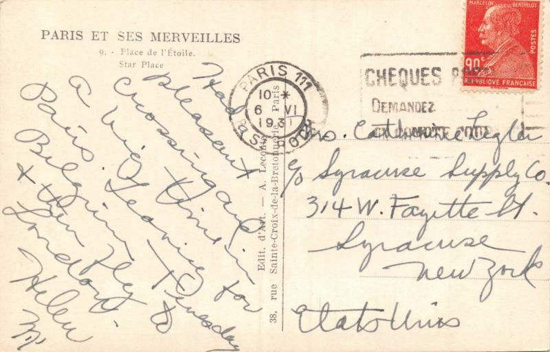 PARIS et SES MERVEILLES-STAR PLACE-PLACE L'ÉTOILE PHOTO POSTCARD 1931 POSTMARK