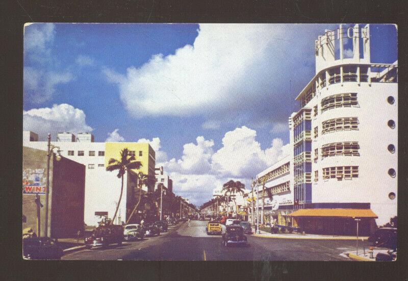 MIAMI FLORIDA DOWNTOWN MAIN STREET SCENE 1940's CARS VINTAGE POSTCARD