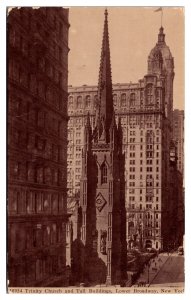 Antique Trinity Church and Tall Buildings, Broadway, New York City, NY Postcard