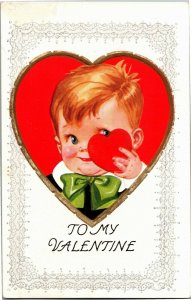 Little Boy Holds Up Heart, To My Valentine c1929 Vintage Postcard F43