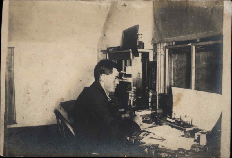 Man Working at Desk Wireless Telegraph Machine c1910 Real Photo Postcard