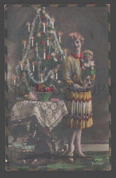 035361 X-MAS Lady & DOLL & TEDDY BEAR Toy Vintage PHOTO tinted