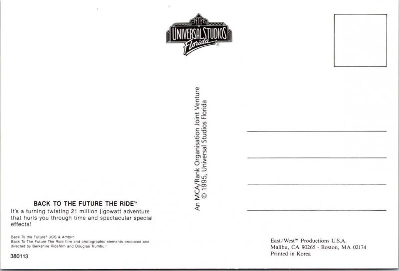 FL, Florida  UNIVERSAL STUDIOS THEME PARK Back To The Future Ride  4X6 Postcard