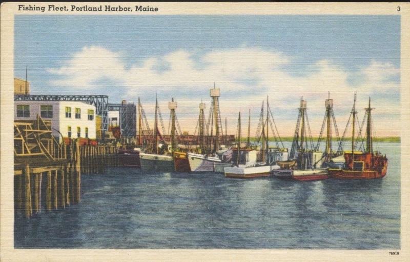 Portland Harbor ME Maine ~ Fishing Fleet ~ Boats Ships Vintage Linen Postcard