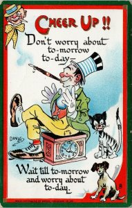 'Cheer Up' Don't Worry About Tomorrow Clown Cat Dog Tuck Dwiggins Postcard F86