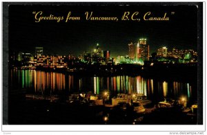 Coal Harbour at night, Greetings, Vancouver, BC, Canada 1960-70s