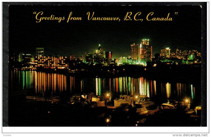 Coal Harbour at night, Greetings, Vancouver, BC, Canada 1960-70s