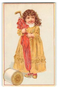 J & P Coats Thread Sewing Girl & Umbrella 1880s Victorian Antique Trade Card