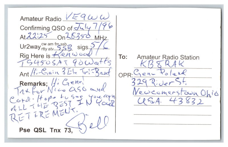 Postcard QSL CB Ham Radio Amateur Card From Moncton New Brunswick Canada VE9WW