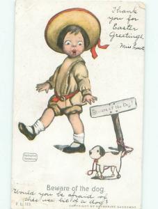 Pre-Linen signed KATHARINE GASSAWAY - DOG PULL TOY BESIDE WARNING SIGN AC1753