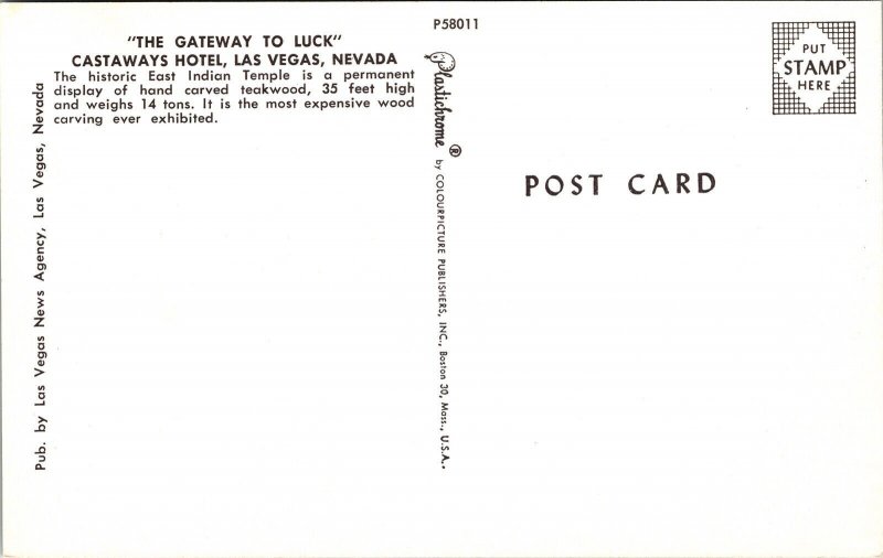 Gateway Luck Castaways Hotel Las Vegas Nevada NV Postcard VTG UNP Plastichrome 