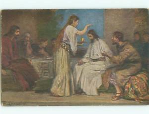 Unused Pre-Linen religious signed JESUS UNCTION AT BETHANY k6319